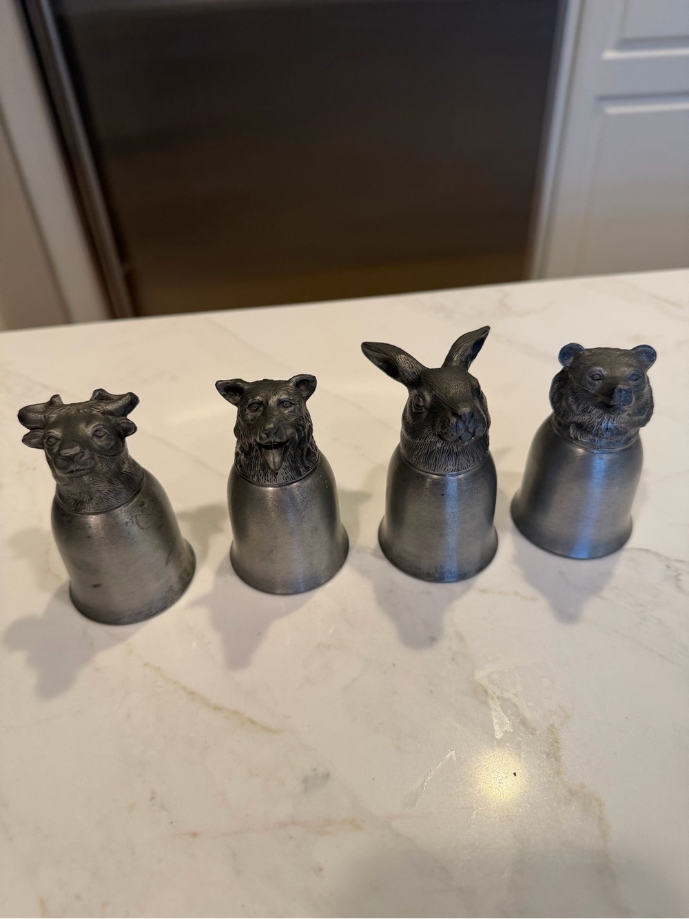 Vintage Pewter Animal Head Stirrup Cup set of 4 Bear, Rabbit, Wolf, Bull Jiggers